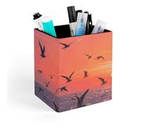 ERSTSNCK Sunset Seagulls Pen Holder, Pencil Holder Desktop Stationery Organizer Square Leather Pencil Cup Makeup Brush Storage Box for Office Home And Stationary Supplies