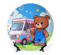 ERSTSNCK Teddy Bear Ice Cream Van Ceramic Decorative Plate 6inch Bone China Wall Hanging Ornament Plates Bohemian Style Dinner Plate with Stand Cabinet Display Plates for Home Art Decor