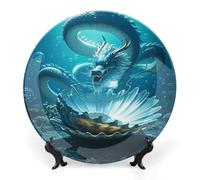 ERSTSNCK The Dragon King Ceramic Decorative Plate 8inch Bone China Wall Hanging Ornament Plates Bohemian Style Dinner Plate with Stand Cabinet Display Plates for Home Art Decor