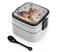 ERSTSNCK Tiger & Butterflies Bento Box 1000ml Leak Proof Lunch Container with Removable Dividers & Spoon - BPA-Free PP Stackable Lunch Box for Work, Office, Picnic, Travel, Dining Out