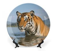 ERSTSNCK Tiger Ceramic Decorative Plate 7inch Bone China Wall Hanging Ornament Plates Bohemian Style Dinner Plate with Stand Cabinet Display Plates for Home Art Decor