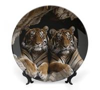 ERSTSNCK Tiger in Cave Ceramic Decorative Plate 8inch Bone China Wall Hanging Ornament Plates Bohemian Style Dinner Plate with Stand Cabinet Display Plates for Home Art Decor