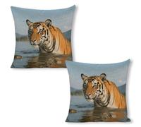 ERSTSNCK Tiger Pillow Covers 18"x18"（2pcs） Linen Throw Pillow Covers - Double Sided Decorative Square Cushion Cases for Sofa, Bed, Chair (No Insert Included)
