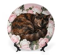 ERSTSNCK Tortoiseshell Cat in Roses Ceramic Decorative Plate 7inch Bone China Wall Hanging Ornament Plates Bohemian Style Dinner Plate with Stand Cabinet Display Plates for Home Art Decor