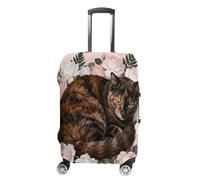 ERSTSNCK Tortoiseshell Cat in Roses Luggage Suitcase Covers Elastic Washable Cute Luggage Protector Travel Suitcase Protective Cover For Adult (Fit 19-32 Inch Luggages), white, Small, Tortoiseshell