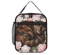 ERSTSNCK Tortoiseshell Cat in Roses Lunch Bag for Adults Reusable Insulated Lunchbox Leakproof Small Lunch Box Tote for Men & Women Portable Food Cooler Bag for Work, Office, Picnics