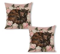 ERSTSNCK Tortoiseshell Cat in Roses Pillow Covers 18"x18"（2pcs） Linen Throw Pillow Covers - Double Sided Decorative Square Cushion Cases for Sofa, Bed, Chair (No Insert Included)