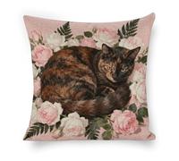 ERSTSNCK Tortoiseshell Cat in Roses Pillow Covers 18"x18" Linen Throw Pillow Covers - Double Sided Decorative Square Cushion Cases for Sofa, Bed, Chair (No Insert Included)