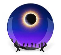 ERSTSNCK Total Solar Eclipse Ceramic Decorative Plate 6inch Bone China Wall Hanging Ornament Plates Bohemian Style Dinner Plate with Stand Cabinet Display Plates for Home Art Decor