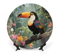 ERSTSNCK Toucan in The Rainforest Ceramic Decorative Plate 7inch Bone China Wall Hanging Ornament Plates Bohemian Style Dinner Plate with Stand Cabinet Display Plates for Home Art Decor