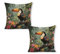 ERSTSNCK Toucan in The Rainforest Pillow Covers 18"x18"（2pcs） Linen Throw Pillow Covers - Double Sided Decorative Square Cushion Cases for Sofa, Bed, Chair (No Insert Included)
