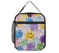 ERSTSNCK Transparent Glass Happy Face Lunch Bag for Adults Reusable Insulated Lunchbox Leakproof Small Lunch Box Tote for Men & Women Portable Food Cooler Bag for Work, Office, Picnics