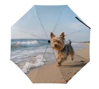 ERSTSNCK Travel Umbrella Yorkshire Terrier on Beach Windproof Folding Compact Umbrella for Rain Sun UV Protection Portable Waterproof 3-Fold Umbrellas for Men Women, white, Automatic