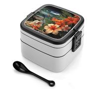 ERSTSNCK Tropical Flowers And Decorations Bento Box 1000ml Leak Proof Lunch Container with Removable Dividers & Spoon - BPA-Free PP Stackable Lunch Box for Work, Office, Picnic, Travel, Dining Out