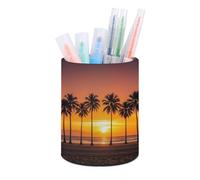 ERSTSNCK Tropical Sunset Beach Pen Holder, Pencil Holder Desktop Stationery Organizer Round Leather Pencil Cup Makeup Brush Storage Box for Office Home And Stationary Supplies