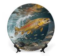 ERSTSNCK Trout in The Water Ceramic Decorative Plate 7inch Bone China Wall Hanging Ornament Plates Bohemian Style Dinner Plate with Stand Cabinet Display Plates for Home Art Decor