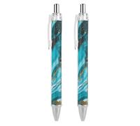 ERSTSNCK Turquoise Blue Gold Marble Black Ballpoint Pens Fine Point (0.5mm) Black Ink Pen Retractable Ball Point Pens with Comfortable Full Grip for Journaling, And Office Writing Ideal 2 PCS