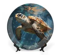 ERSTSNCK Turtle Swimming Ceramic Decorative Plate 10inch Bone China Wall Hanging Ornament Plates Bohemian Style Dinner Plate with Stand Cabinet Display Plates for Home Art Decor