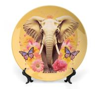 ERSTSNCK Two Butterflies And Elephant Ceramic Decorative Plate 7inch Bone China Wall Hanging Ornament Plates Bohemian Style Dinner Plate with Stand Cabinet Display Plates for Home Art Decor