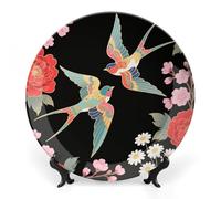 ERSTSNCK Two Colorful Flying Birds Ceramic Plate 8inch Decorative Bone China Wall Hanging Ornament Plates Bohemian Style Dinner Plate with Display Stand Cabinet Display Plates for Home Art Decor