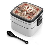 ERSTSNCK Two Flower Roosters Bento Box 1000ml Leak Proof Lunch Container with Removable Dividers & Spoon - BPA-Free PP Stackable Lunch Box for Work, Office, Picnic, Travel, Dining Out