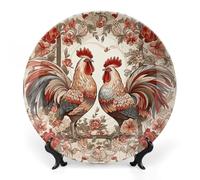 ERSTSNCK Two Flower Roosters Ceramic Decorative Plate 6inch Bone China Wall Hanging Ornament Plates Bohemian Style Dinner Plate with Stand Cabinet Display Plates for Home Art Decor