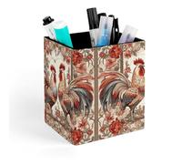 ERSTSNCK Two Flower Roosters Pen Holder, Pencil Holder Desktop Stationery Organizer Square Leather Pencil Cup Makeup Brush Storage Box for Office Home And Stationary Supplies