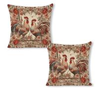 ERSTSNCK Two Flower Roosters Pillow Covers 18"x18"（2pcs） Linen Throw Pillow Covers - Double Sided Decorative Square Cushion Cases for Sofa, Bed, Chair (No Insert Included)