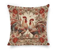 ERSTSNCK Two Flower Roosters Pillow Covers 18"x18" Linen Throw Pillow Covers - Double Sided Decorative Square Cushion Cases for Sofa, Bed, Chair (No Insert Included)