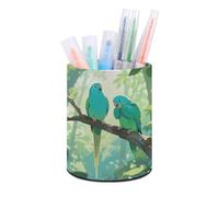 ERSTSNCK Two Parakeets Pen Holder, Pencil Holder Desktop Stationery Organizer Round Leather Pencil Cup Makeup Brush Storage Box for Office Home And Stationary Supplies