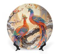 ERSTSNCK Two Phoenixes in Winter Ceramic Plate 10inch Decorative Bone China Wall Hanging Ornament Plates Bohemian Style Dinner Plate with Display Stand Cabinet Display Plates for Home Art Decor