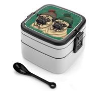 ERSTSNCK Two Pugs Wearing Hats Bento Box 1000ml Leak Proof Lunch Container with Removable Dividers & Spoon - BPA-Free PP Stackable Lunch Box for Work, Office, Picnic, Travel, Dining Out