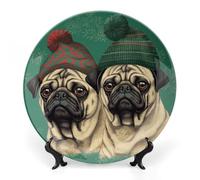 ERSTSNCK Two Pugs Wearing Hats Ceramic Decorative Plate 7inch Bone China Wall Hanging Ornament Plates Bohemian Style Dinner Plate with Stand Cabinet Display Plates for Home Art Decor
