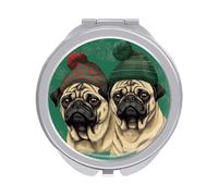 ERSTSNCK Two Pugs Wearing Hats Compact Mirror for Purse, Double-Sided 1x/2x Magnifying Metal Pocket Makeup Mirrors, Folding Mini Vanity Mirror, Handheld Round Travel Cosmetic Mirrors for Women