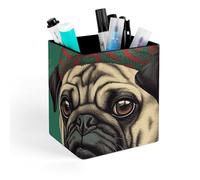 ERSTSNCK Two Pugs Wearing Hats Pen Holder, Pencil Holder Desktop Stationery Organizer Square Leather Pencil Cup Makeup Brush Storage Box for Office Home And Stationary Supplies
