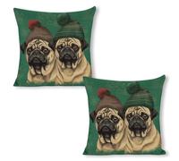ERSTSNCK Two Pugs Wearing Hats Pillow Covers 18"x18"（2pcs） Linen Throw Pillow Covers - Double Sided Decorative Square Cushion Cases for Sofa, Bed, Chair (No Insert Included)