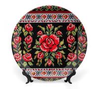 ERSTSNCK Ukrainian Embroidery Style Rose Ceramic Decorative Plate 7inch Bone China Wall Hanging Ornament Plates Bohemian Style Dinner Plate with Stand Cabinet Display Plates for Home Art Decor