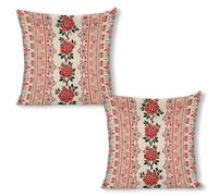 ERSTSNCK Ukrainian Embroidery Style Rose Pillow Covers 18"x18"（2pcs） Linen Throw Pillow Covers - Double Sided Decorative Square Cushion Cases for Sofa, Bed, Chair (No Insert Included)