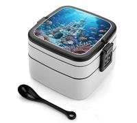 ERSTSNCK Underwater Castle Bento Box 1000ml Leak Proof Lunch Container with Removable Dividers & Spoon - BPA-Free PP Stackable Lunch Box for Work, Office, Picnic, Travel, Dining Out