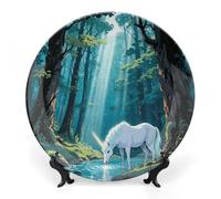 ERSTSNCK Unicorn in The Ancient Forest Ceramic Plate 6inch Decorative Bone China Wall Hanging Ornament Plates Bohemian Style Dinner Plate with Display Stand Cabinet Display Plates for Home Art Decor
