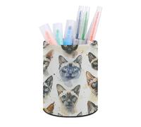 ERSTSNCK Various Cat Breeds Pen Holder, Pencil Holder Desktop Stationery Organizer Round Leather Pencil Cup Makeup Brush Storage Box for Office Home And Stationary Supplies