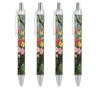ERSTSNCK Vibrant Color Flower Blossom Black Ballpoint Pens Fine Point (0.5mm) Black Ink Pen Retractable Ball Point Pens with Comfortable Full Grip for Journaling, And Office Writing Ideal 4 PCS