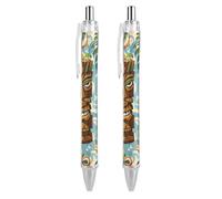 ERSTSNCK Vintage Aloha Tiki Pattern Black Ballpoint Pens Fine Point (0.5mm) Black Ink Pen Retractable Ball Point Pens with Comfortable Full Grip for Journaling, And Office Writing Ideal 2 PCS