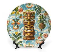 ERSTSNCK Vintage Aloha Tiki Pattern Ceramic Decorative Plate 6inch Bone China Wall Hanging Ornament Plates Bohemian Style Dinner Plate with Stand Cabinet Display Plates for Home Art Decor