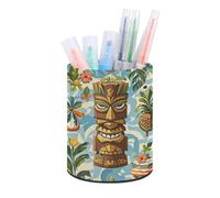 ERSTSNCK Vintage Aloha Tiki Pattern Pen Holder, Pencil Holder Desktop Stationery Organizer Round Leather Pencil Cup Makeup Brush Storage Box for Office Home And Stationary Supplies