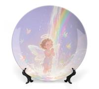 ERSTSNCK Watercolor Angel Ceramic Decorative Plate 8inch Bone China Wall Hanging Ornament Plates Bohemian Style Dinner Plate with Stand Cabinet Display Plates for Home Art Decor
