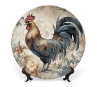 ERSTSNCK Watercolor Rooster Ceramic Plate 8inch Decorative Bone China Wall Hanging Ornament Plates Bohemian Style Dinner Plate with Display Stand Cabinet Display Plates for Home Art Decor