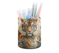 ERSTSNCK Watercolor Tiger Pattern Pen Holder, Pencil Holder Desktop Stationery Organizer Round Leather Pencil Cup Makeup Brush Storage Box for Office Home And Stationary Supplies