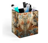 ERSTSNCK Watercolor Tiger Pattern Pen Holder, Pencil Holder Desktop Stationery Organizer Square Leather Pencil Cup Makeup Brush Storage Box for Office Home And Stationary Supplies