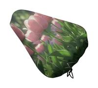 ERSTSNCK Waterproof Bike Seat Cover with Drawstring -Blooming Peach Tulips Universal Exercise Bike Seat Cushion for Men & Women, Comfortable Non-Slip Bicycle Saddle Cover for Road/Mountain Bikes